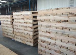 Pila de estibas de madera nuevas certificadas para almacenamiento y transporte industrial.
